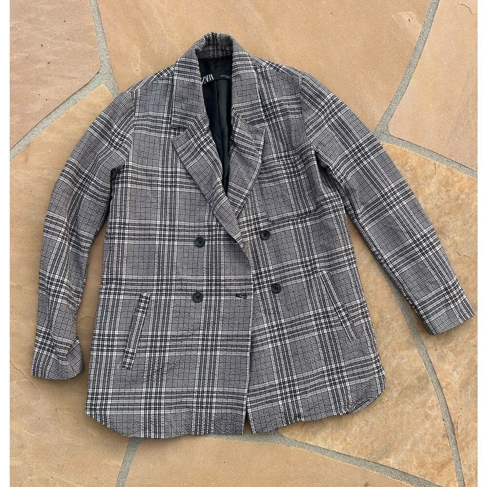 Zara Blazer Womens Size XS Black White Glen Plaid Double Button Oversized Long